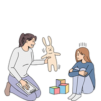 Woman offering toy to sad child